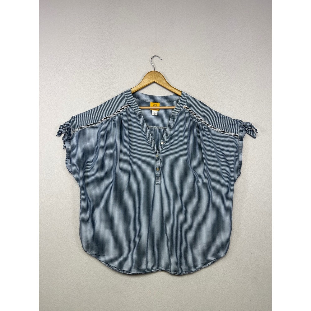 Coastal Boho Ruby Rd. Woman 2X Blue White Striped Tencel Henley Blouse